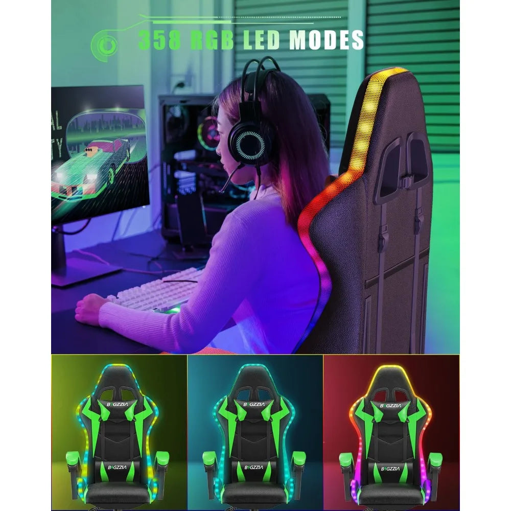 Equipped with RGB LED lights, ergonomic computer gaming chair with high backrest, headrests, and lumbar support