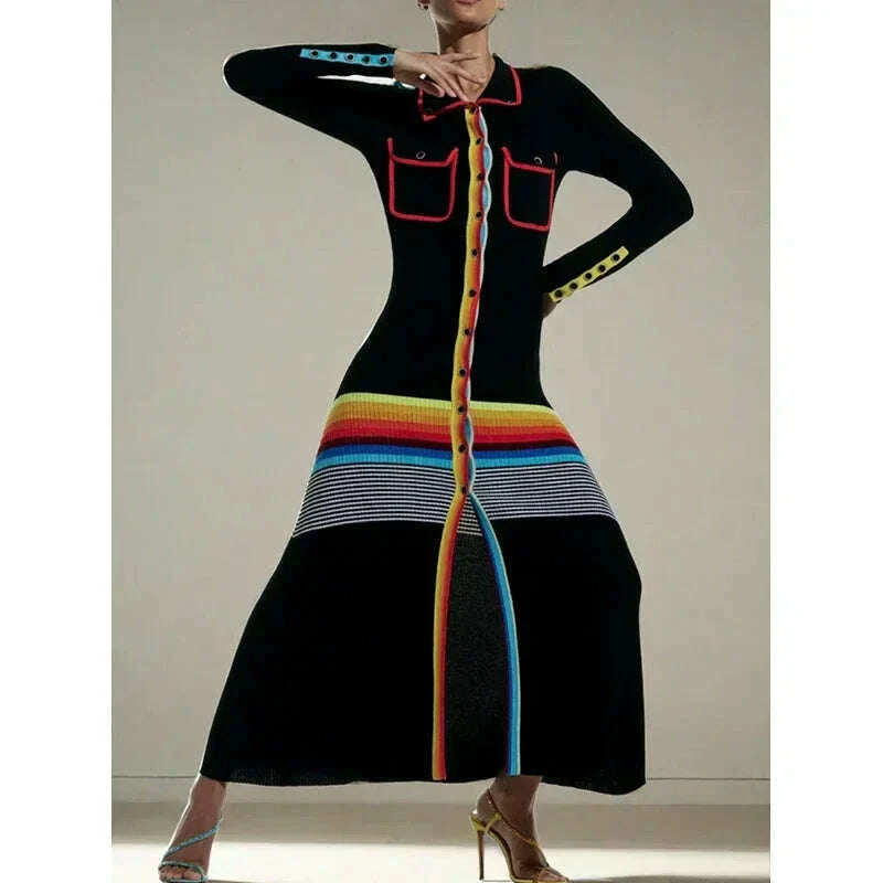 Freeacy Women's Colorful Striped Skinny Dress Lapel Neck Long Sleeves Single-breasted Ankle-Length Dress Autumn Women's Clothing