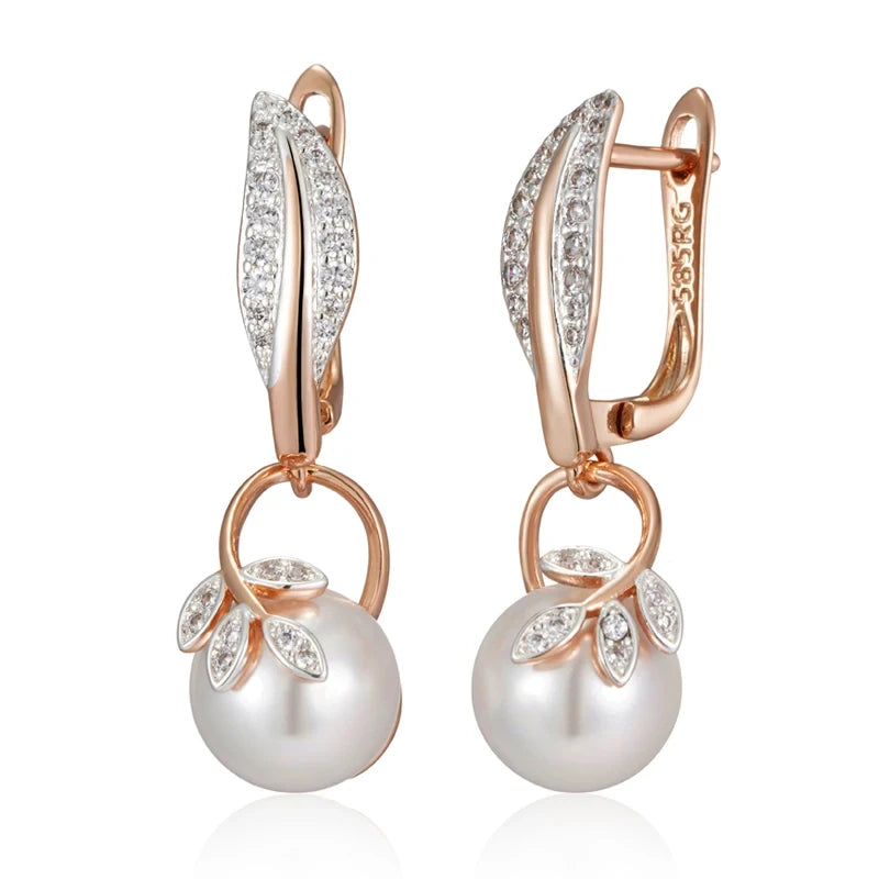 Wbmqda Luxury Pearl Women's Long Drop Earrings 585 Rose Gold Silver Color Ethnic Wedding Party Fine Zircon Jewelry Accessories