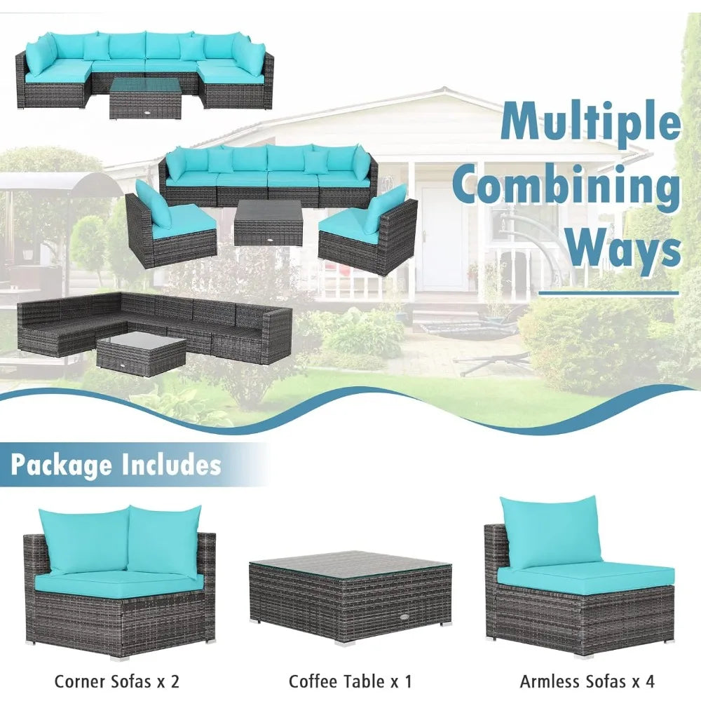 7 Pieces Patio Furniture Set, Patiojoy All-Weather Outdoor Rattan Sectional Sofa Set with Cushions and Tempered Glass Coffee Ta - Kimlud