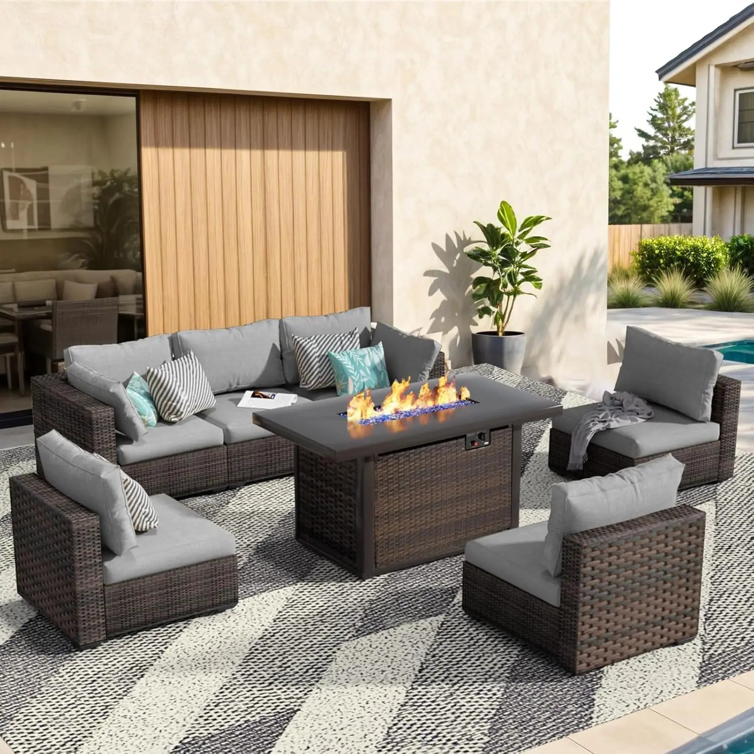 7 Pieces Outdoor Sectional Patio Furniture Set with Fire Pit Table PE Rattan Wicker Patio Sectional Conversation,...