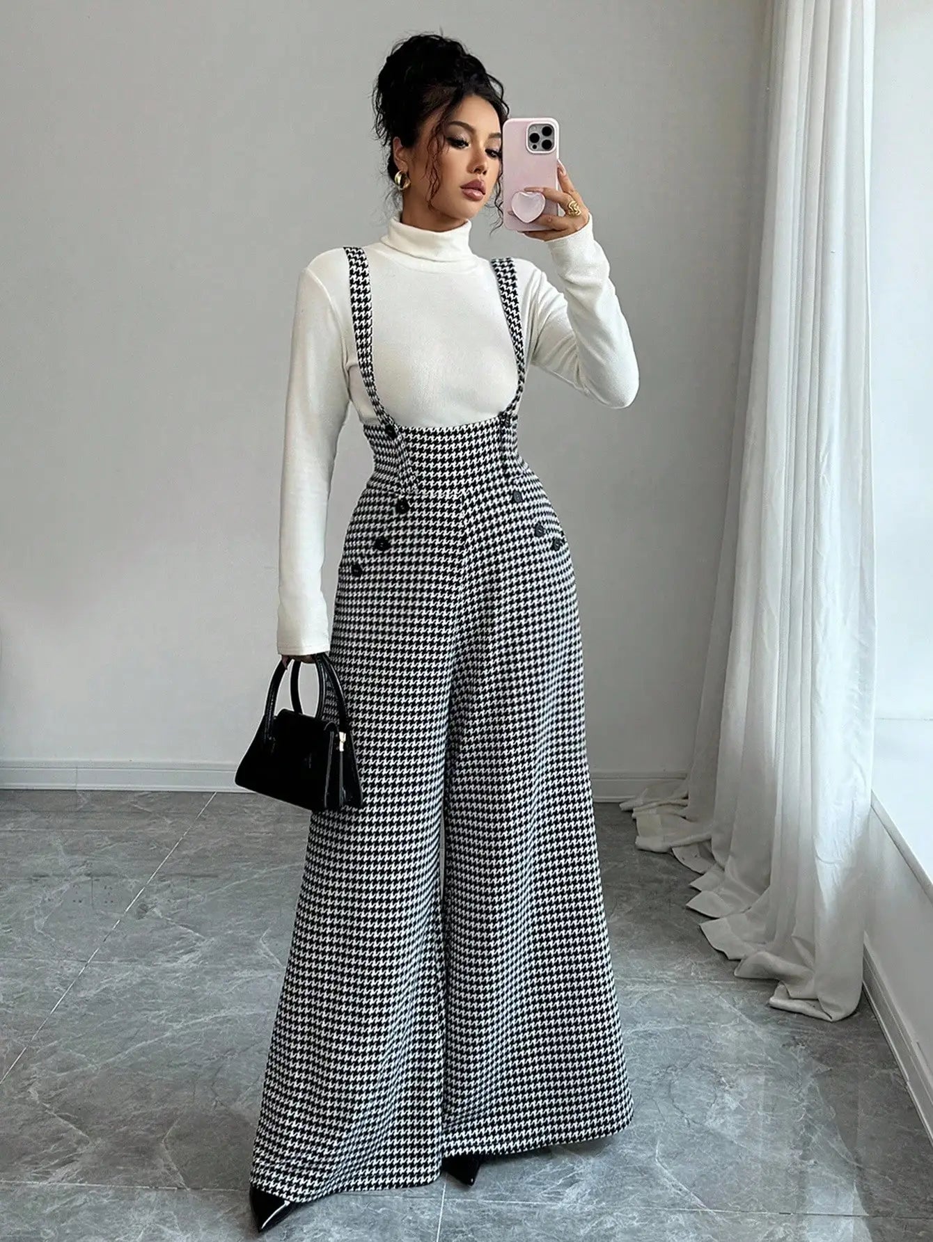 Overalls for Women's Winter Jumpsuit Black White Vintage Wide Leg Suspender Pants for Office Commute Casual Female...