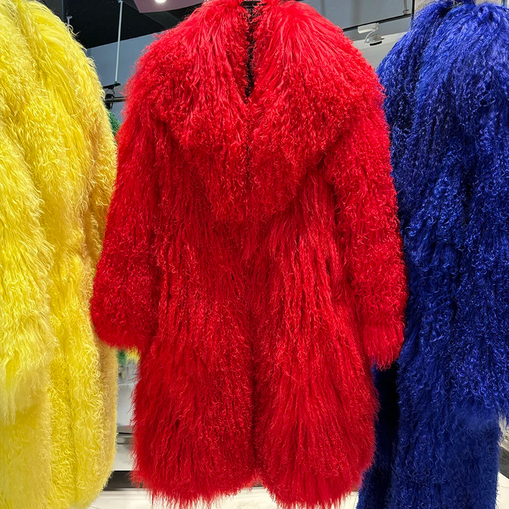 YOLOAgain 2025 Winter Warm Turn-Down Collar Real Mongolia Sheep Fur Jacket Long Women Plus Size 6XL Outerwear