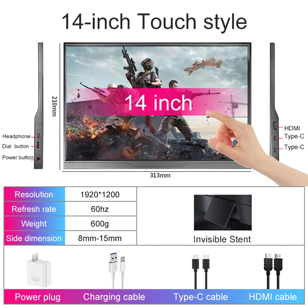 14inch Portable Monitor Touch Ultra-thin 1200P IPS USB-C HDMI External Second Screen for Laptop PC Cell Phone Switch PS4/5 Xbox - Kimlud