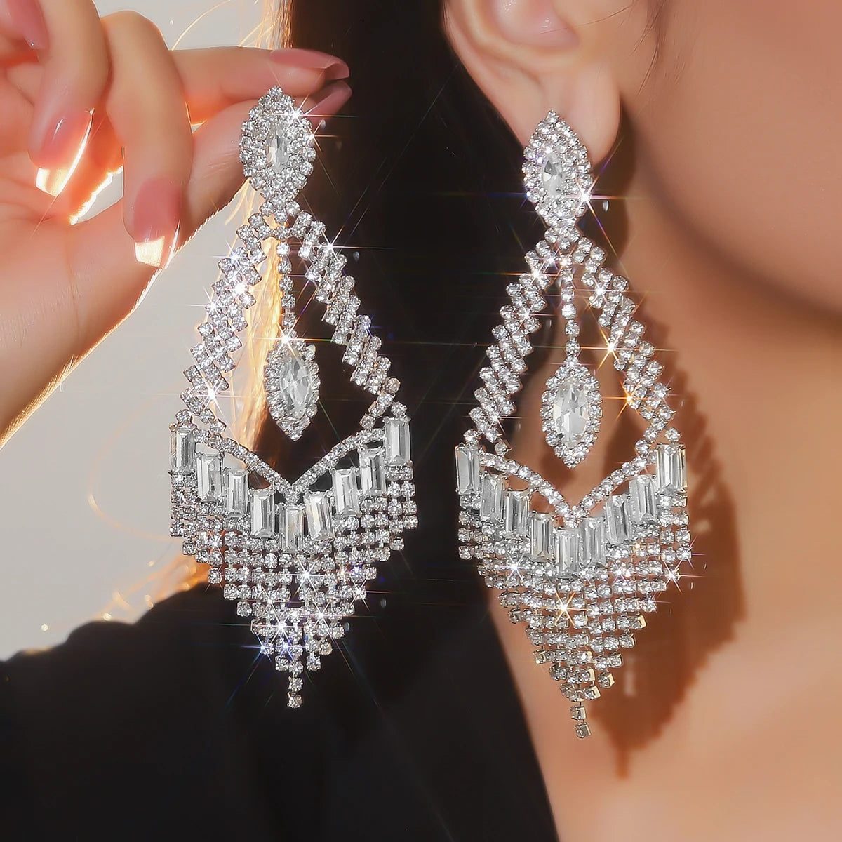 Silver Rhinestones Earrings for Women Sparkly Long Linear Dangle Earrings Dangle Tassels Statement Earrings Bridal Wedding