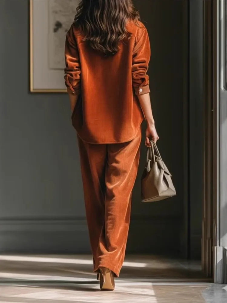 Simple Solid Color Casual Two-piece Set Women's Spring Retro Fashion Corduroy Long-sleeved Shirt Wide-leg Pants...