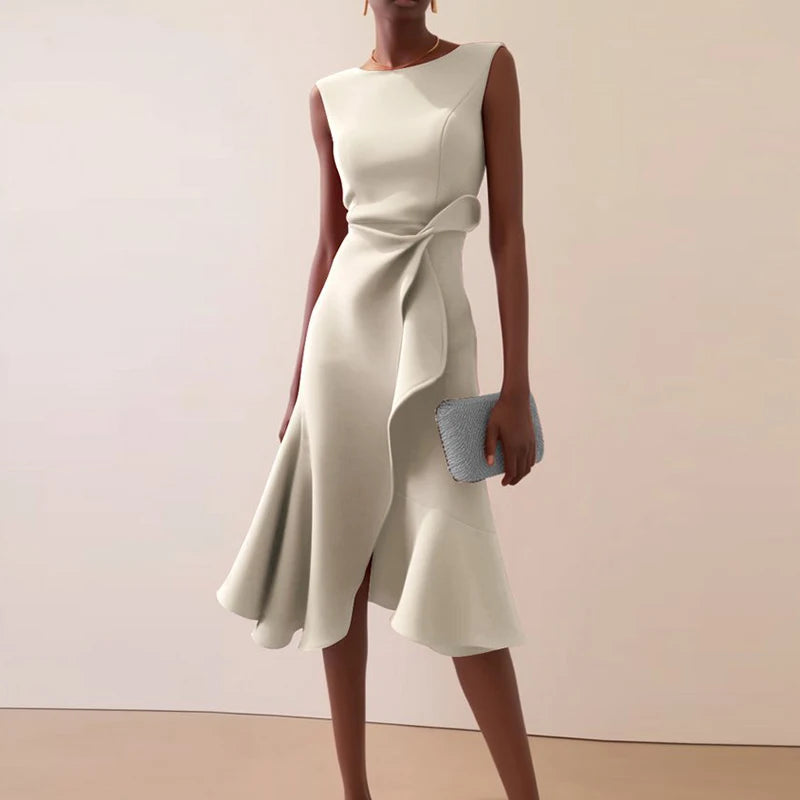 Vestidos Women Elegant O Neck Solid Commute Dress Spring Knot Slim Ruffle Irregular Dress Summer Sleeveless A-Line Party Dresses - Kimlud