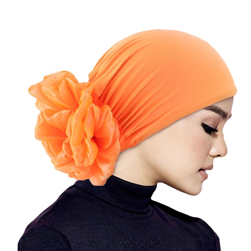 Women's Hijabs Turban Big Flower Elastic Cloth Hair Bands Hat Beanie Ladies Muslim Solid Hair Loss Scarf Cap Hair Accessories