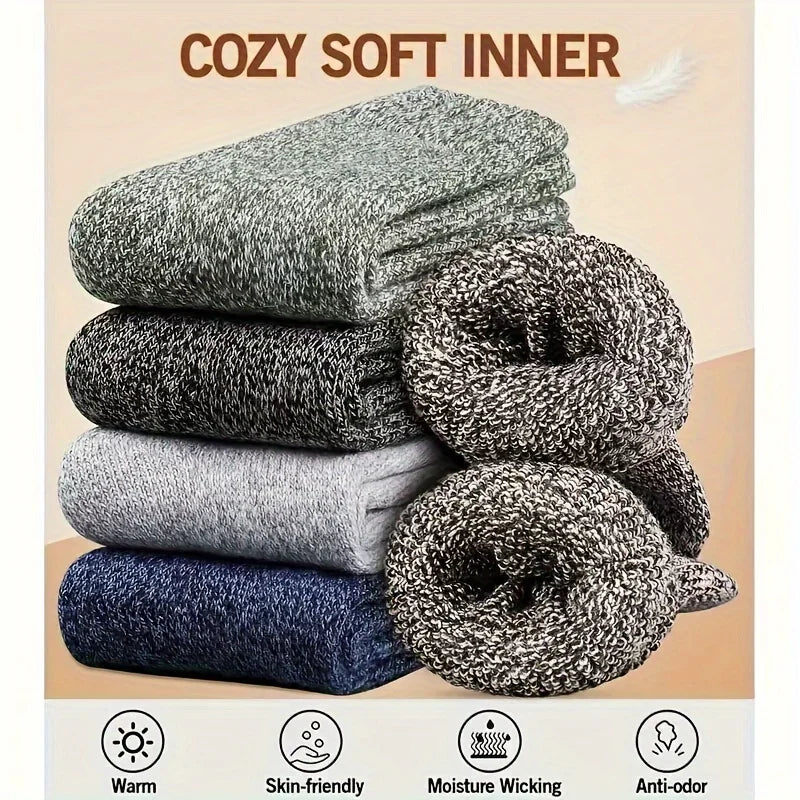 3 Pairs Men's Winter Warm Socks, Thick Towel Mid-Calf Socks, Anti-Cold Snow Boots Socks Elastic Solid Color - Kimlud