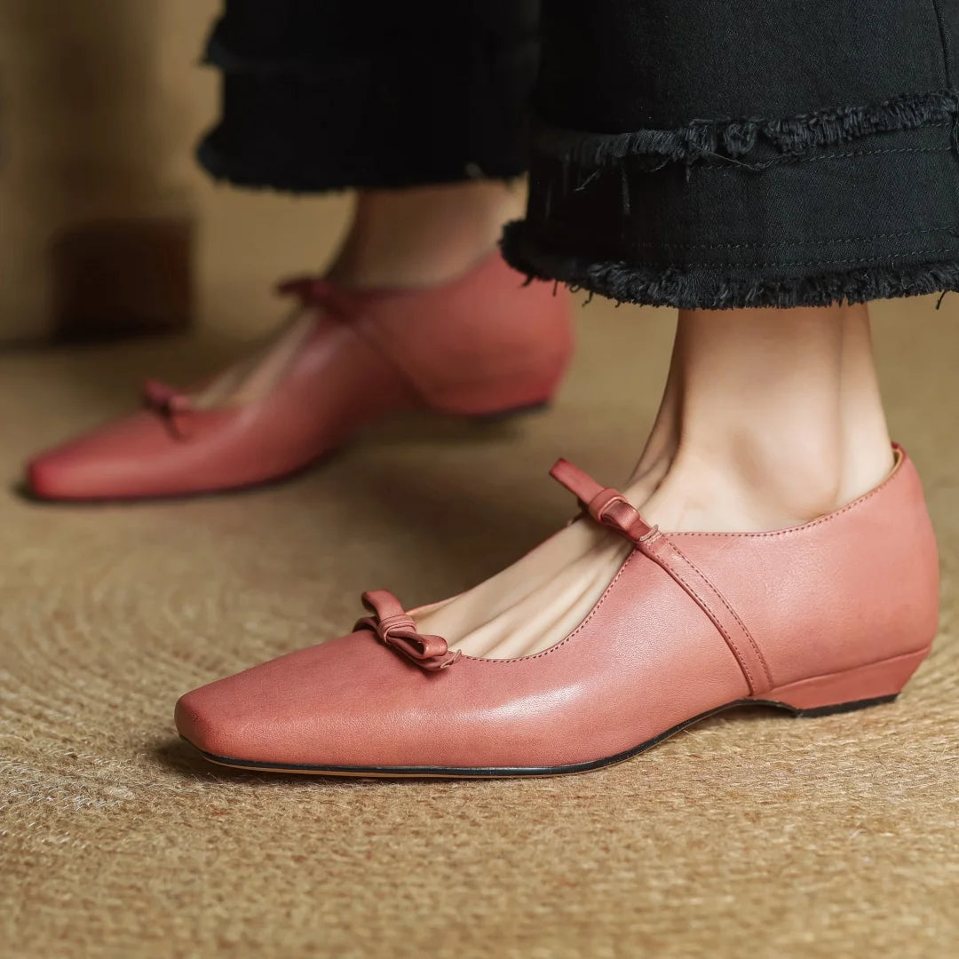 Women's cow leather double bowtie slip-on flats loafers square toe high quality female sweet daily moccasins shoes for woman hot - Kimlud
