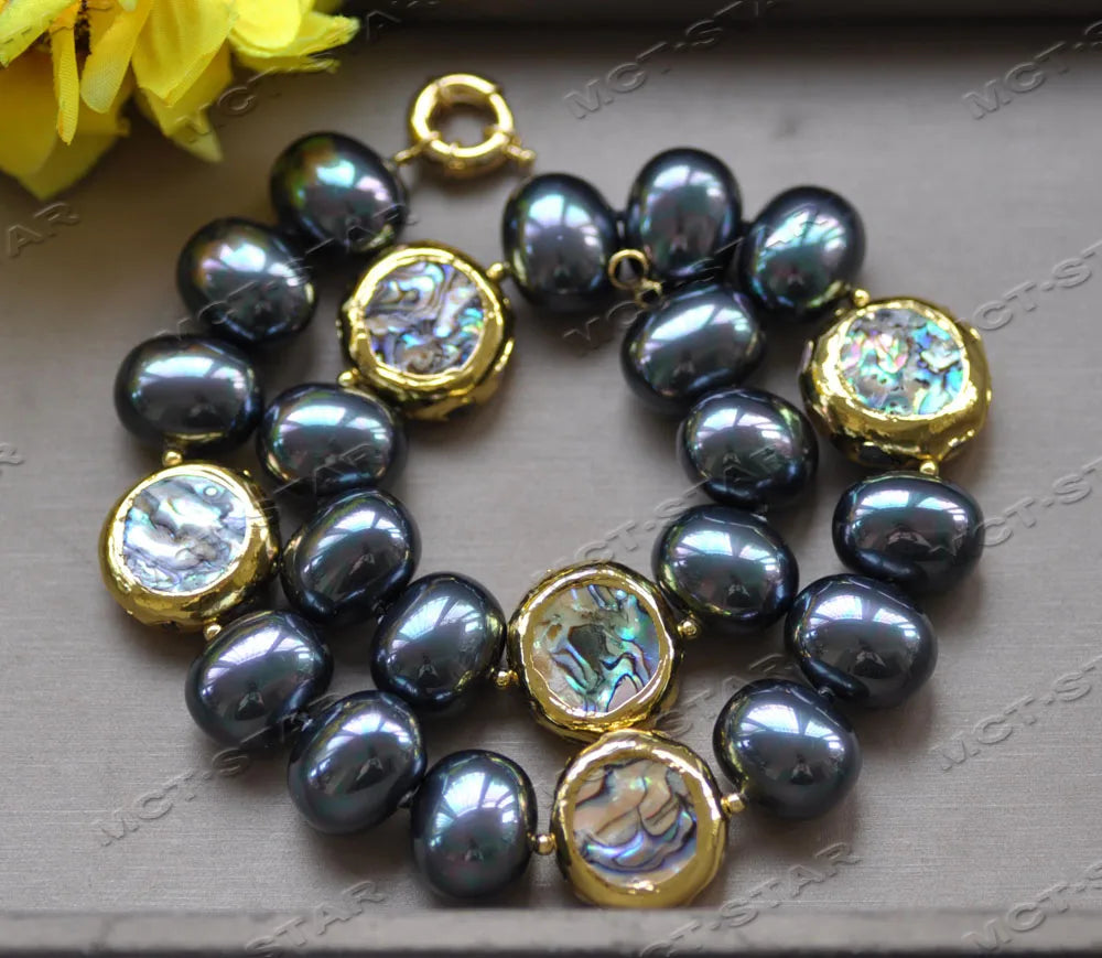 Z12723 18" 25mm Abalone Shell Gold-Plated Peacock-Black White Egg South Sea Shell Pearl Necklace