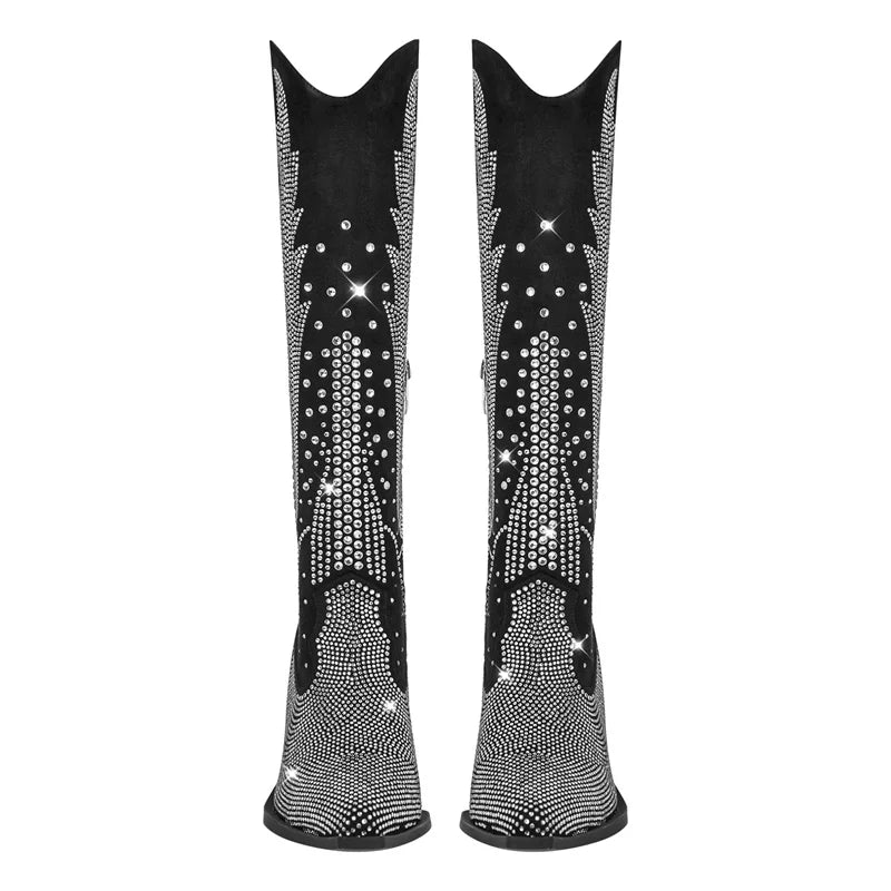 Onlymaker Women Black Knee High Rhinestone Boots Western Cowboy Boots Glitter Bling Shiny Block Heel Handmade Boots
