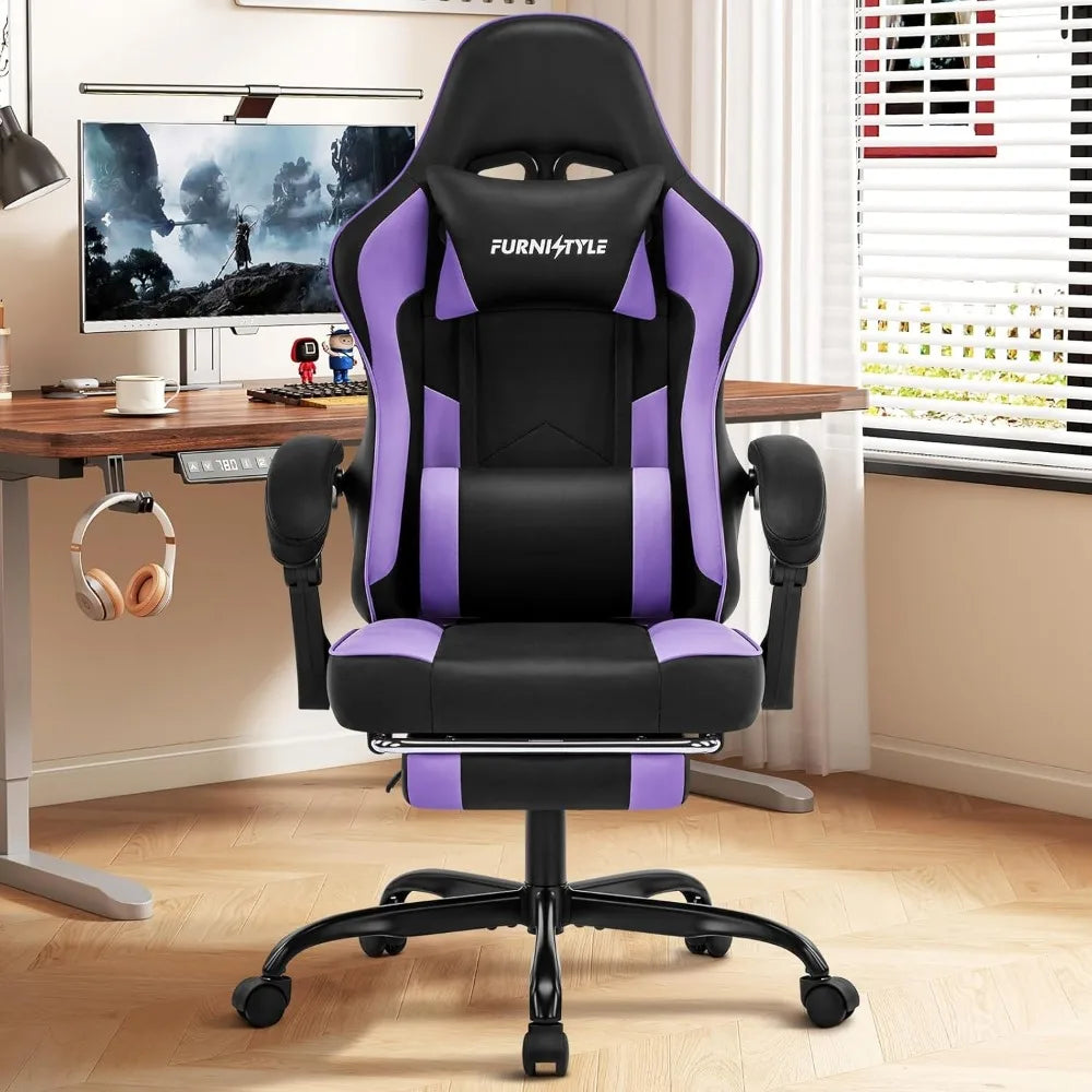 Purple Ergonomic High-Back Gaming Chair for Adults and Teens with Extended Footrest and Removable Headrest, Comfortable Computer