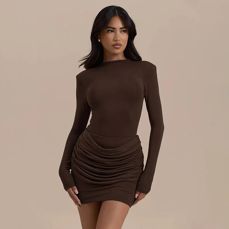 Solid Color Gathered Hip Cover Long Sleeve Dress Women's Spring Summer New Casual Round Neck Dresses For Women Ropa...