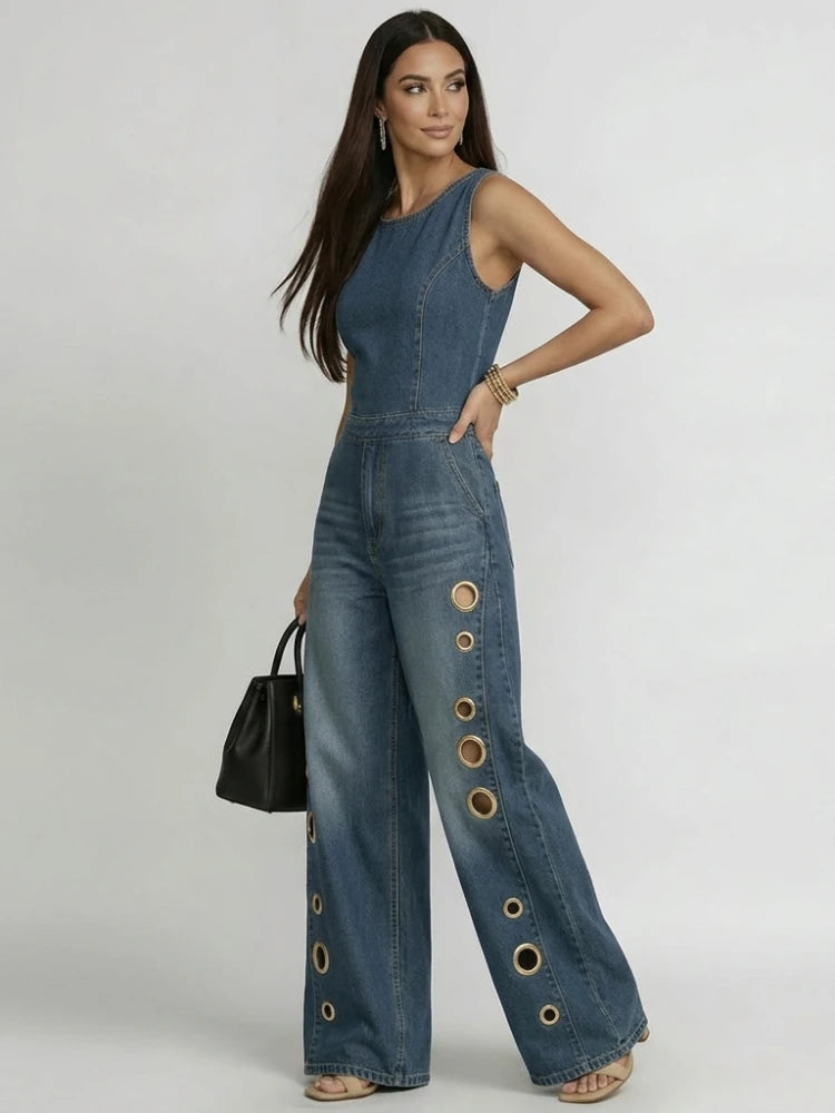 Freeacy Women's Trendy Denim Jumpsuit Sleeveless Round Neck Eyelet Wide Leg Jumpsuit with Pockets for Holiday & Clubwear - Kimlud