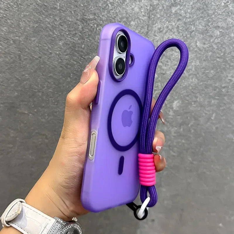 For Magsafe Candy Color Contrast Lanyard Case For iPhone 16 15 17 Pro Max 14 Plus 11 12 13 16e Hand Wrist Strap Matte Soft Cover - Kimlud