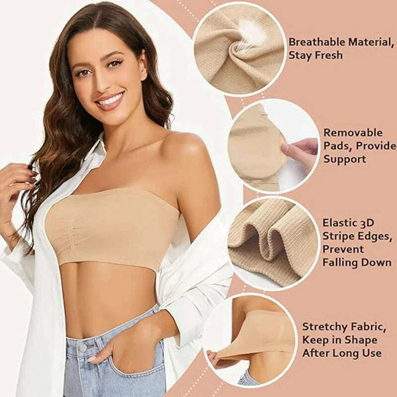 BurVogue Women Bandeau Bra Padded Strapless Bralette Bra Seamless Bandeau Tube Top Bra