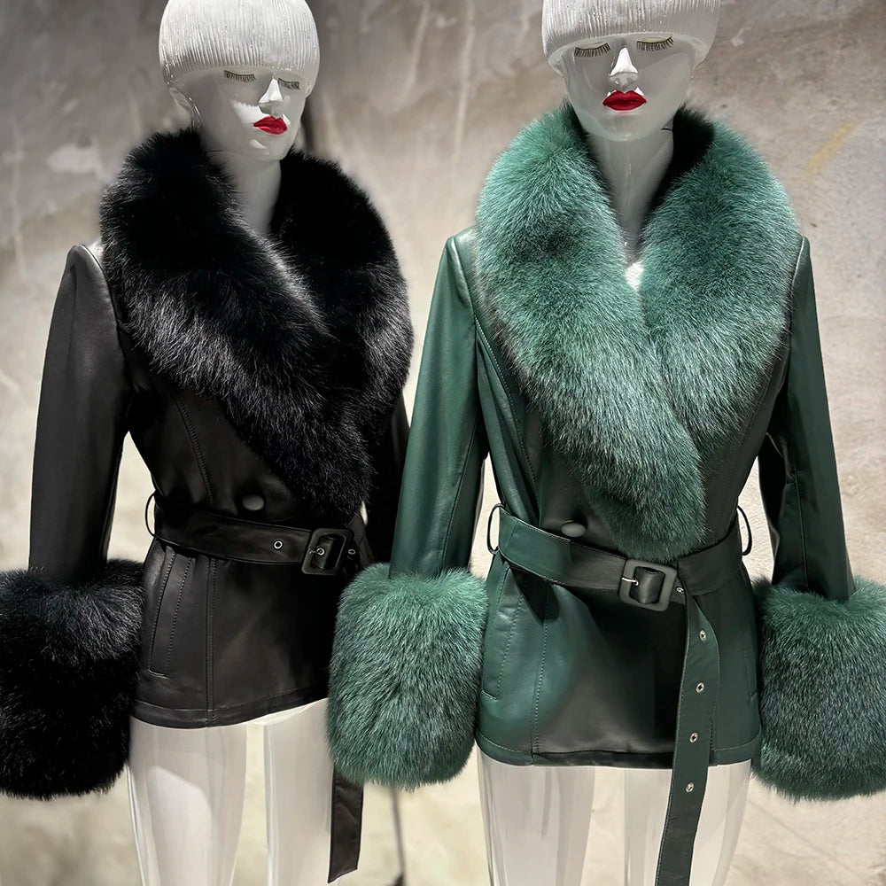 YOLOAgain Women's Real Fox Fur Collar Sheepskin Leather Jacket Coat Autumn 2024