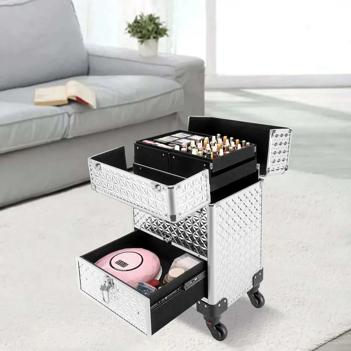 Rolling Makeup Train Case, Makeup Trolley with Drawer, Nail Case Wheeled Manicure Storage Case for Hair Stylists,Pet Groomers