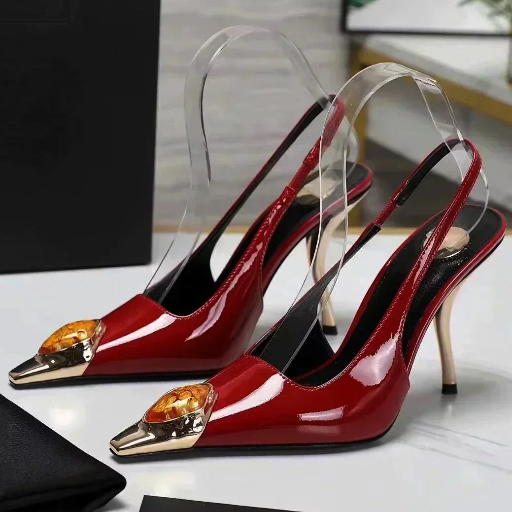 Luxury Metal Jewel Decoration Heels Women 2025 Sexy Pointed Toe Patent Leather Women Pumps Elegant Banquet High Heeled Sandals - Kimlud