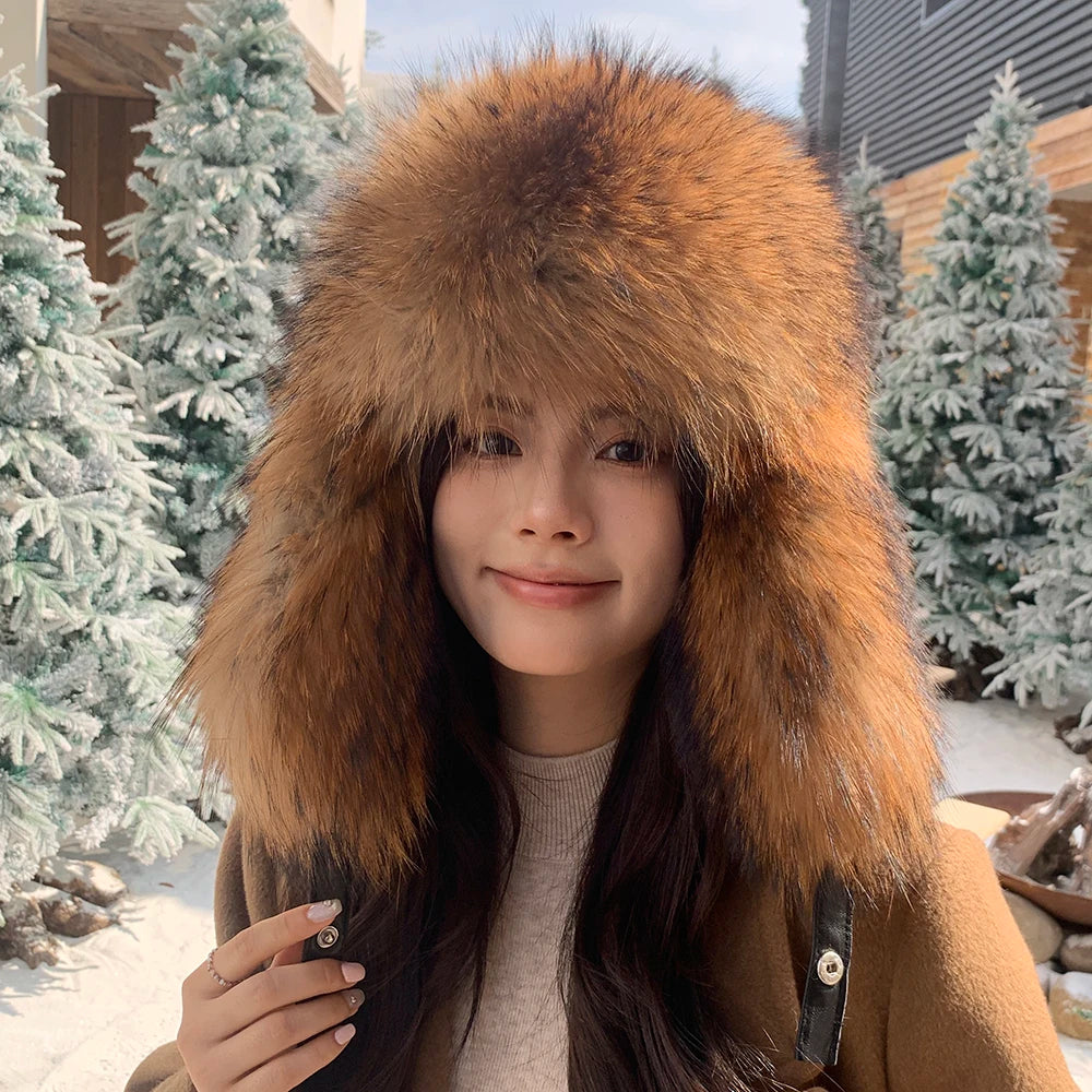 Natural Raccoon Fur Caps Russian Hat Unisex Trapper Fur Cap Aviator Trooper Winter Thickened And Warm Flaps Ski Hat Bomber Hats