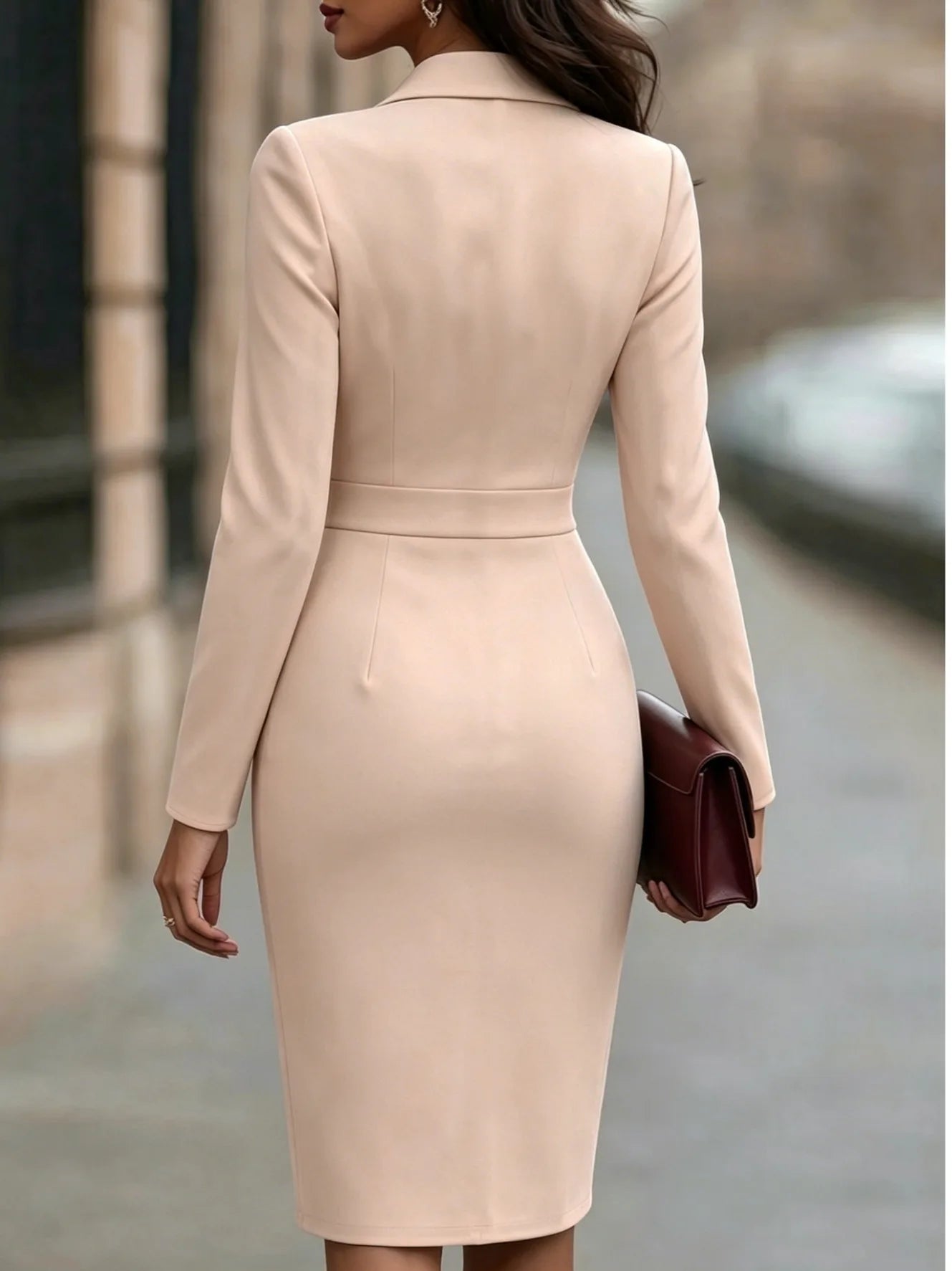 Elegant Pink Waist-Cinching Button Decorated Split Midi Long Sleeve Suit Dress for Women Fashionable Commute Business...