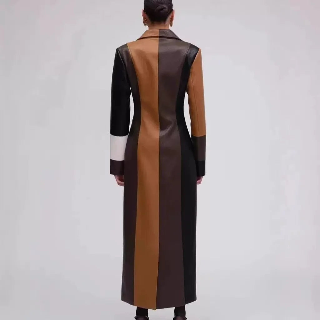 Vintage Style V Neck Long Jackets Fashion Trench Turn-Down Collar Patchwork Single Button Long Sleeve Long Trench Coat for Women