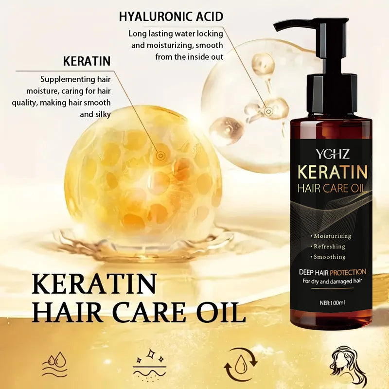Keratin Hair Oil, Nourishes and Protects Hair, Effectively Moisturizes and Cares for It, Instantly Makes Hair Shiny and Smooth, with a Charming Fragrance, Suitable for All Dry and Frizzy Hair Types