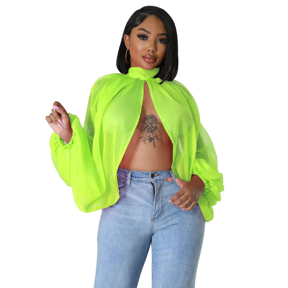 Women See Through Sheer Chiffon Blouse Sexy Front Back Open High Neck Self Tie Shawl Casual Shirts Y2K Night Club Party Tops
