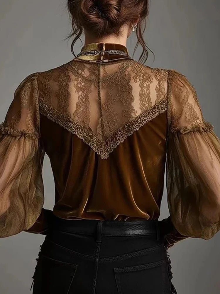 Lace Sheer Sexy Velvet Women Blouse Brown Round Neck Puff Sleeve Elegant Slim Female Autumn Top Fashion High Street Chic Shirts