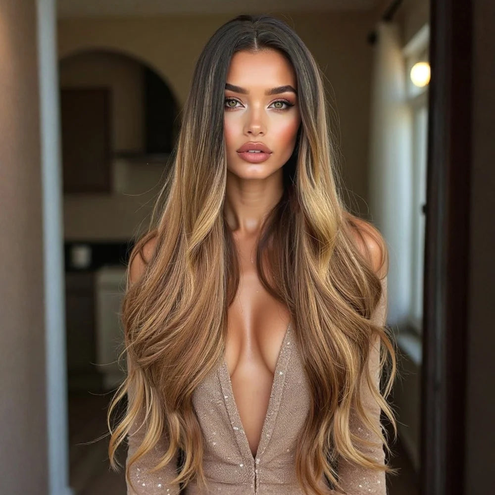 28 Inch Synthetic Women's Wig Light Brown with Highlights Long Wavy Hair Everyday Pretty Party Outfit