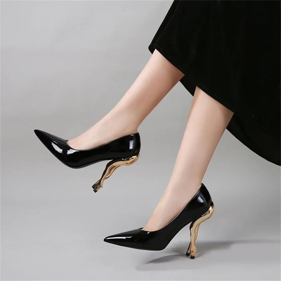 Deigner Gold Hip High Heels Runway Women Pumps Pointed Toe Strange Heel Dress Shoes Black Patent Leather Ladies Stiletto