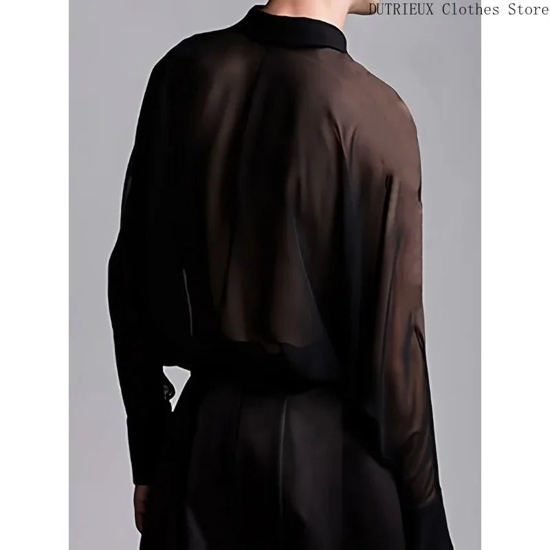 Men's Summer Black Thin See-through Clothes Men's Casual Shirt Breathable Blouse Night Bar Club Sexy Costume - Kimlud