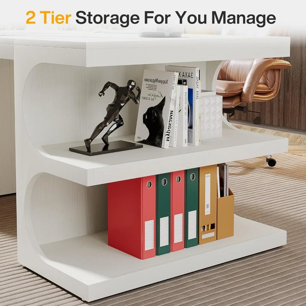 Office Desk, 63" Computer Desk with Storage Shelves, Modern Wood Study Writing Table, Large Workstation Business Furniture - Kimlud