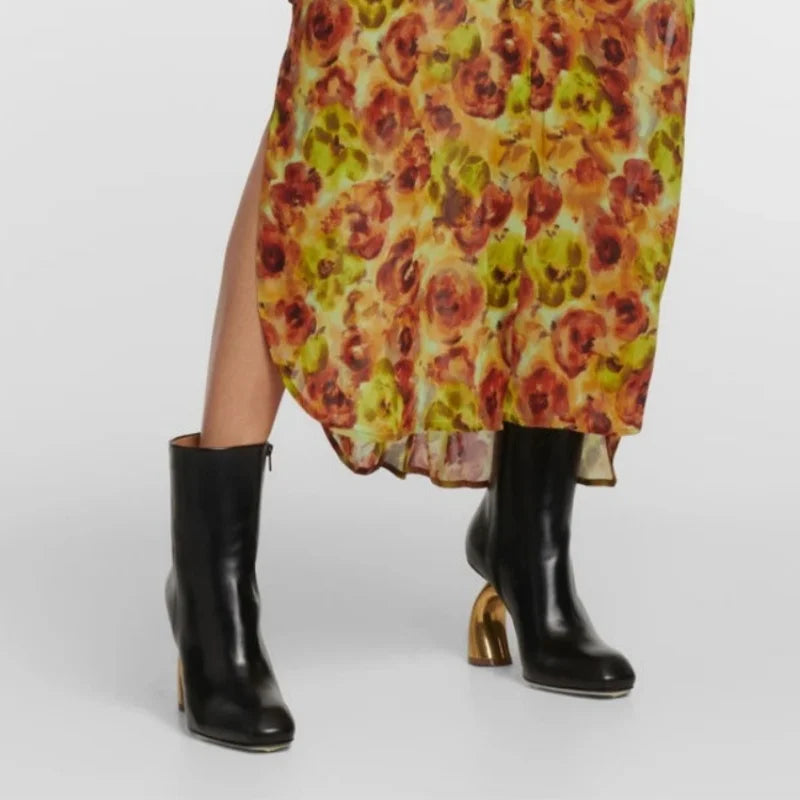 Stylish Metal Strange Heels Women's Ankle Boots Square Toe Zipper Solid Color Lady Pumps Elegant Commuting Madam Short Boots - Kimlud