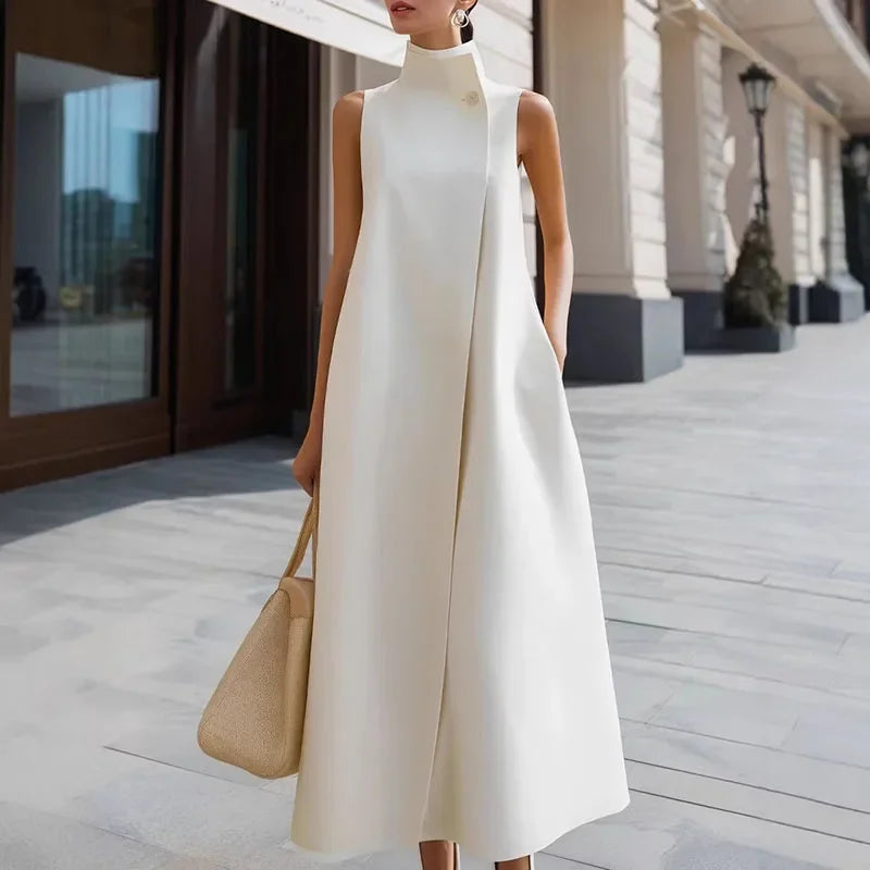 Simple Fashion Single Button High Neck Maxi Dress Women Spring Solid Pocket A-Line Long Dress Summer Sleeveless Bohemian...