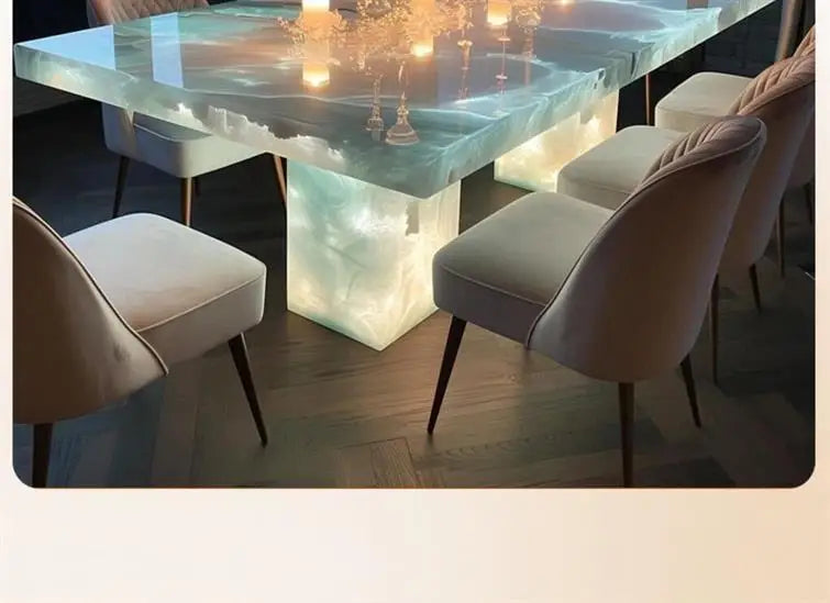 Luminous jade dining table natural luxury stone rectangular pink island white jade light luxury high-end marble rice