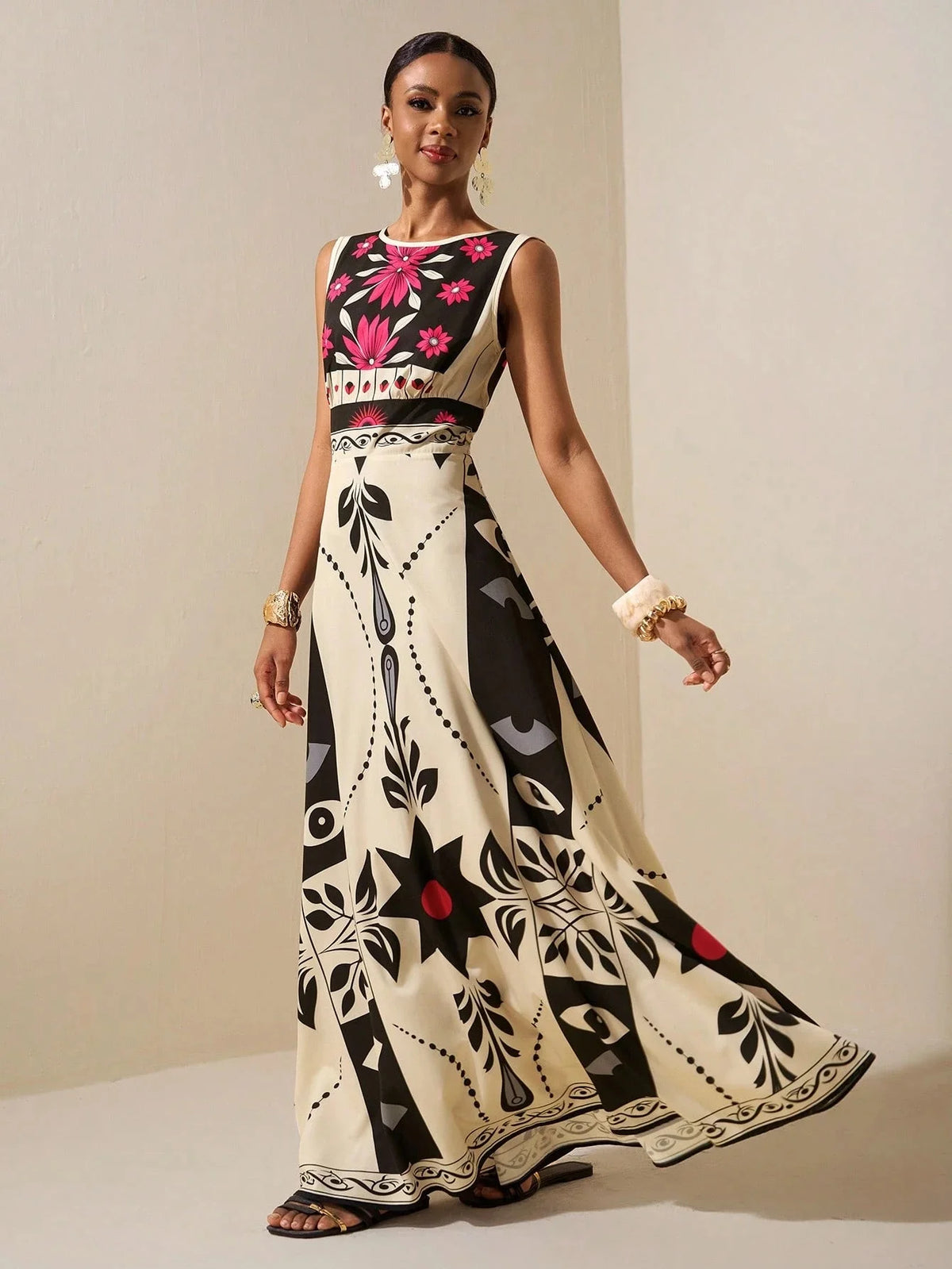 Elegant Red Floral Tribal Sleeveless Dress High Waist A Line Maxi Gown, For Wedding Guest Evening Party Vacation Outfits...