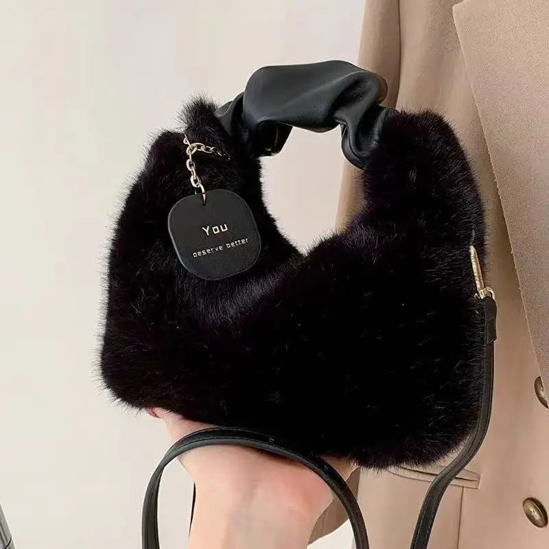 Women Faux Fur Plush Handbags Ruched Handle Small Lady Shoulder Crossbody Bag Casual Half-Moon Hobos Winter Bags for Women