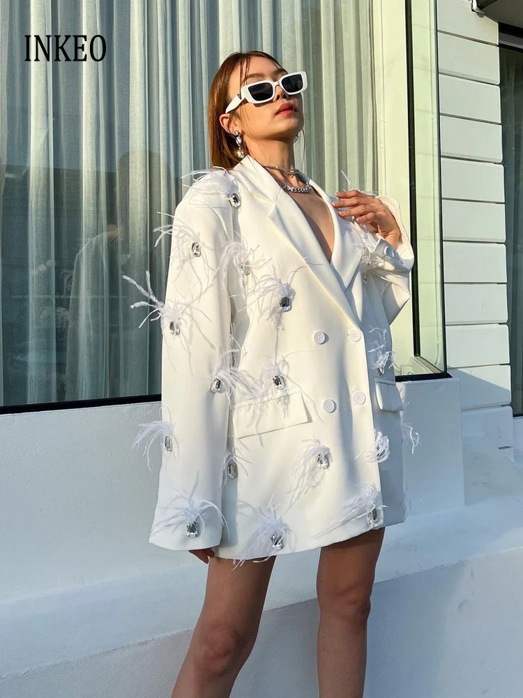 Luxury feather Faux diamond blazer Women 2025 New Double breasted rhinestones jacket High quality Loose Lady suit INKEO 4O089