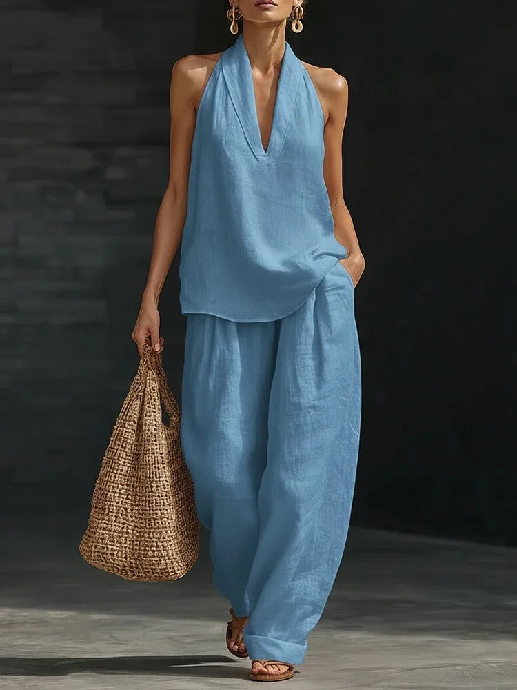 Casual Solid Set For Women Fashion Solid Sleeveless V Neck Tops+High Waist Wide Leg Pants 2 Piece Sets Lady Holiday Women's