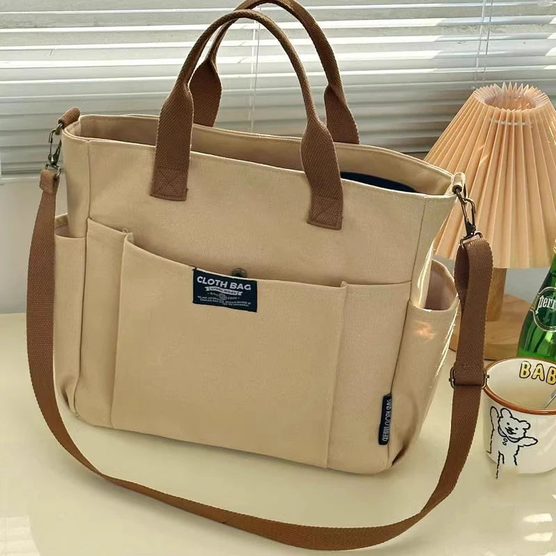 Urban Minimalist Female Student Large Capacity Commuting Horizontal Canvas Single Shoulder Diagonal Cross Portable Tote Bag - Kimlud