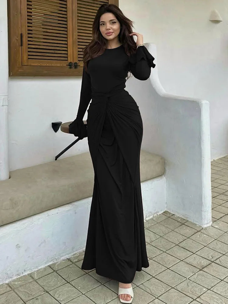 Mozision Flare Long Sleeve Draped Sexy Maxi Dress Women Gown Elegant O Neck High Waist Bodycon Club Party Long Dresses Female