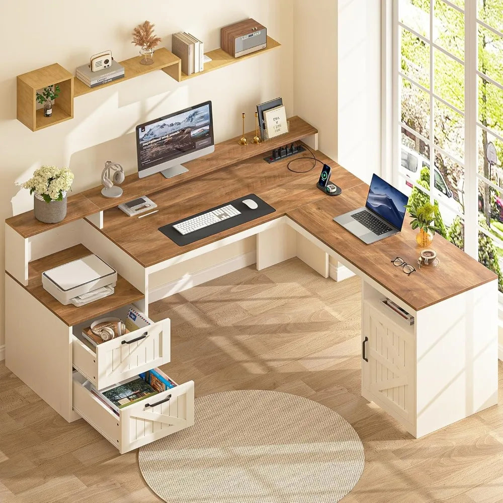 63" Farmhouse L Shaped Executive Desk with Drawers & Storage Shelf, Corner Computer Desk with Power Outlets, L Shaped Office Des - Kimlud