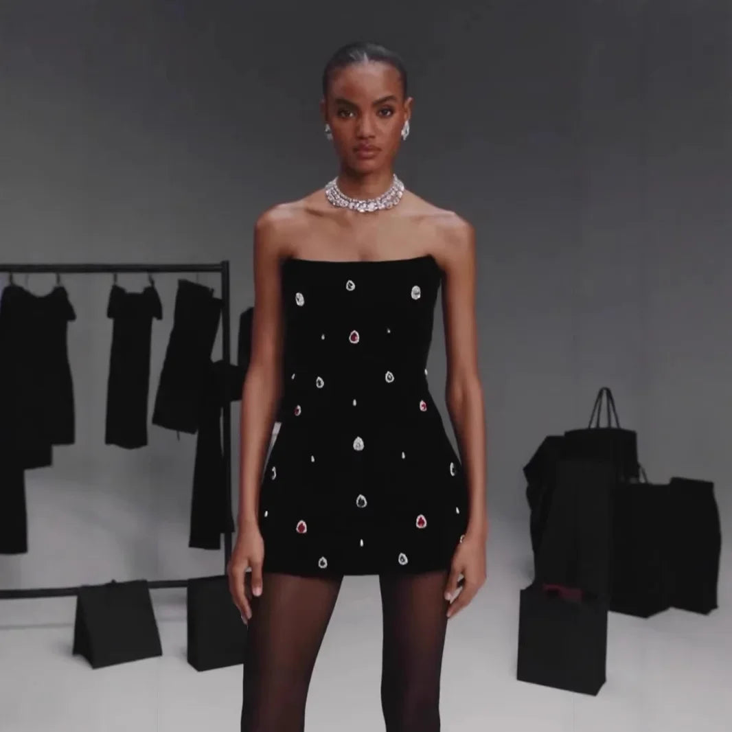 Fashionable Diamond Embedded Short Strapless Bandage Dress Slim Design Spring New Style Women's Mini Dress Polyester Fiber