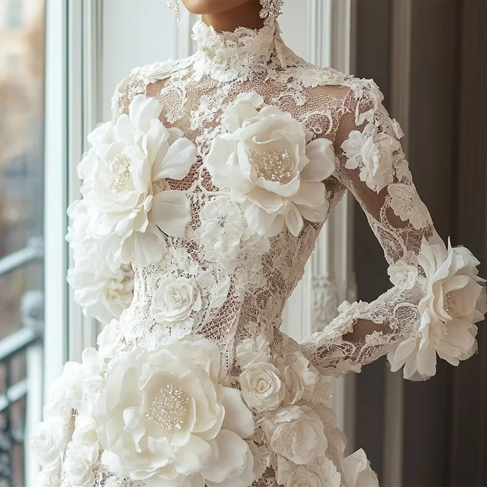Luxury Cocktail Dresses High Collar Flowers Long Sleeves Mini Dress Exquisite High Quality Prom Party Gowns for Women Customized - Kimlud