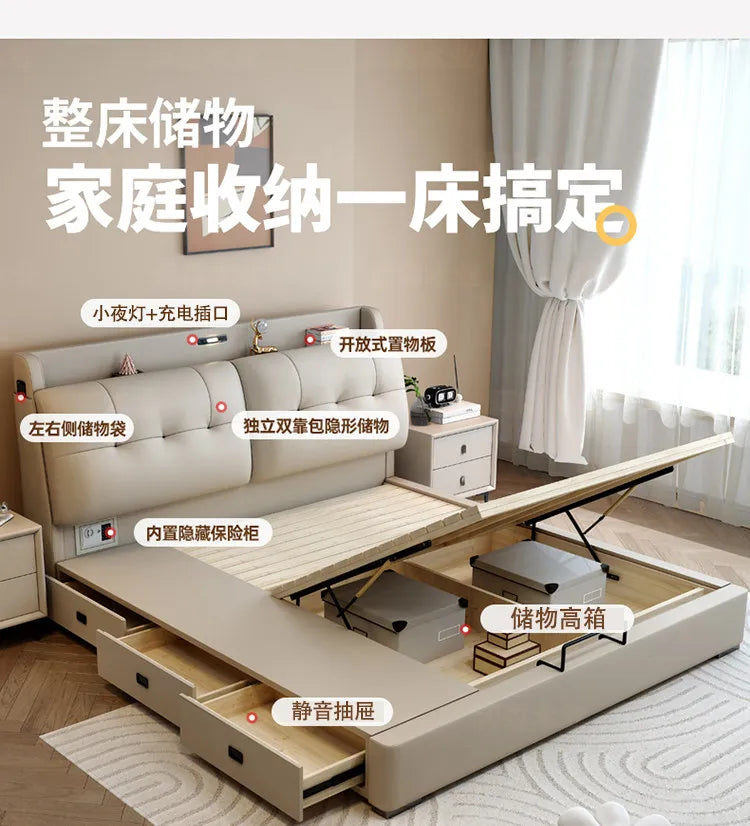 Double 1.8m Beds Storage Headboard Upholstery Minimalist Drawers Beds Frames Multifunctional Muebles Para El Hogar Furniture