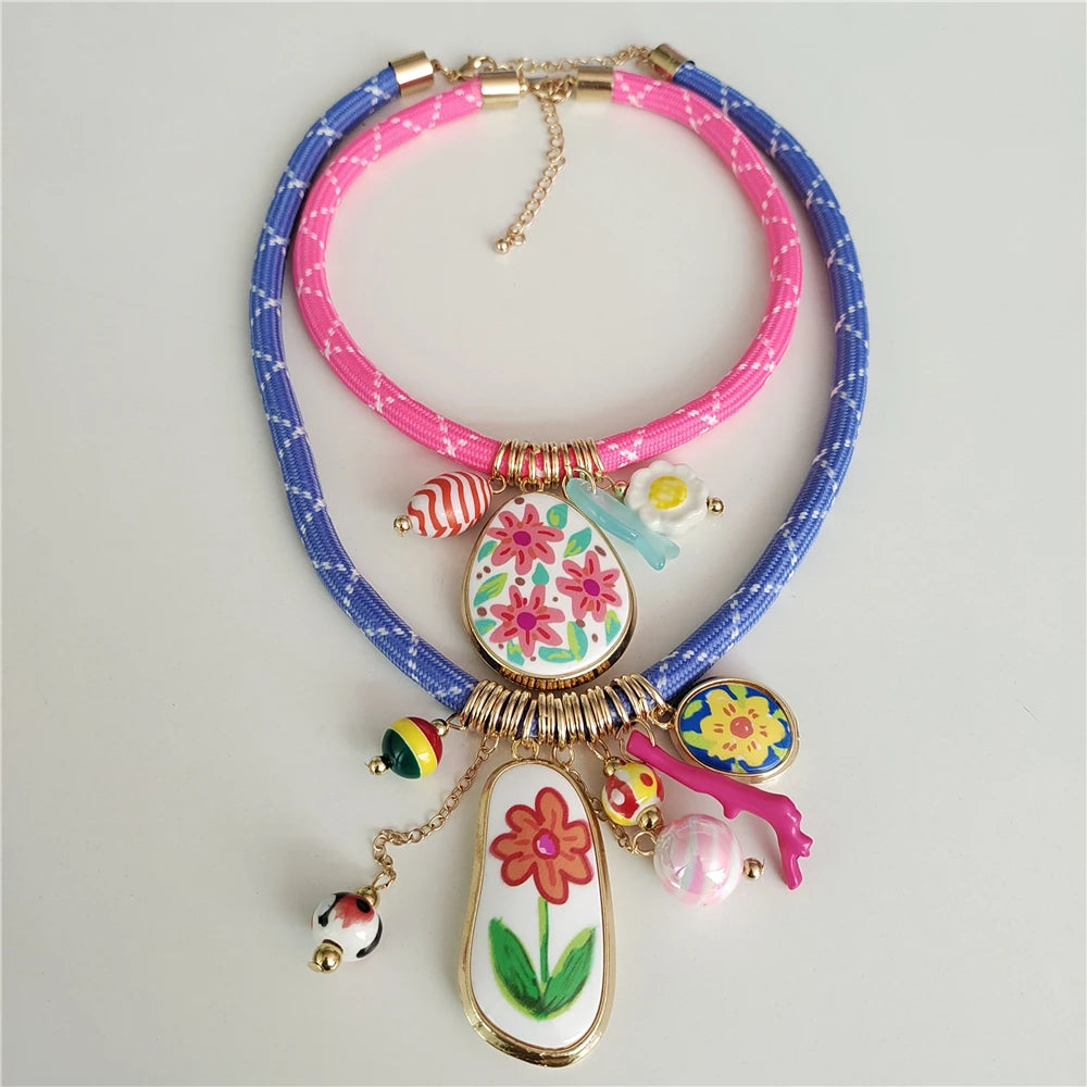 Colorful Dopamine Pink Blue Cord Choker Necklace Women Indian Boho Ethnic Statement Enamel Flower Pendant Necklace lady...