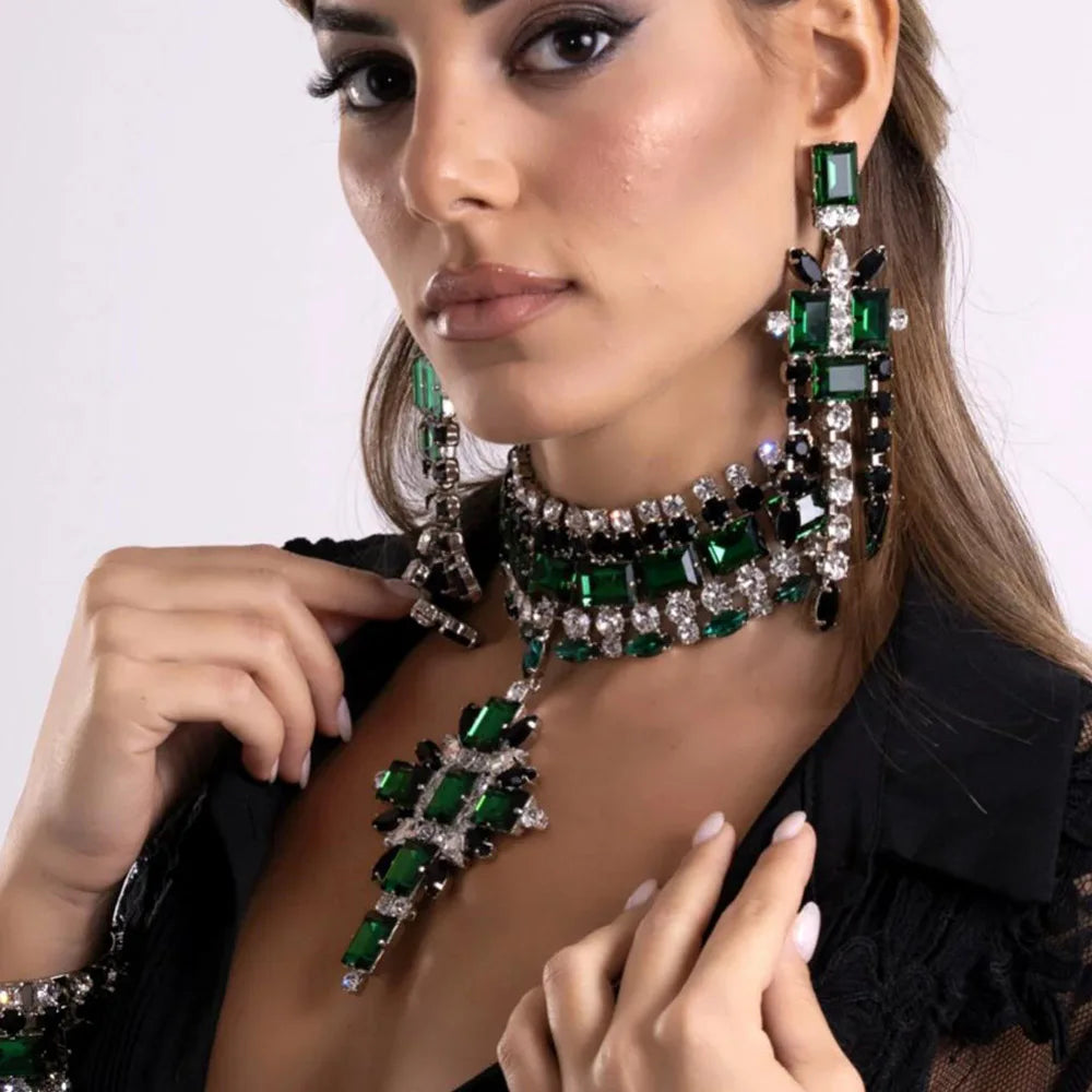XSBODY Large Cross Pendant Choker Green Crystal Bridal Accessories Fashion Geometric Rhinestone Necklace Earrings Set Piercing