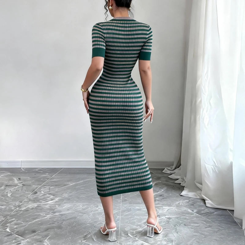 Women's Green Striped Crew Neck Short Sleeve Self-Tie Sundress Stretchy Knit Bodycon Maxi Dress Casual Summer Daily...